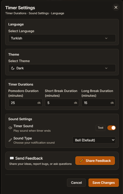 Customizable timer settings in PomoClass